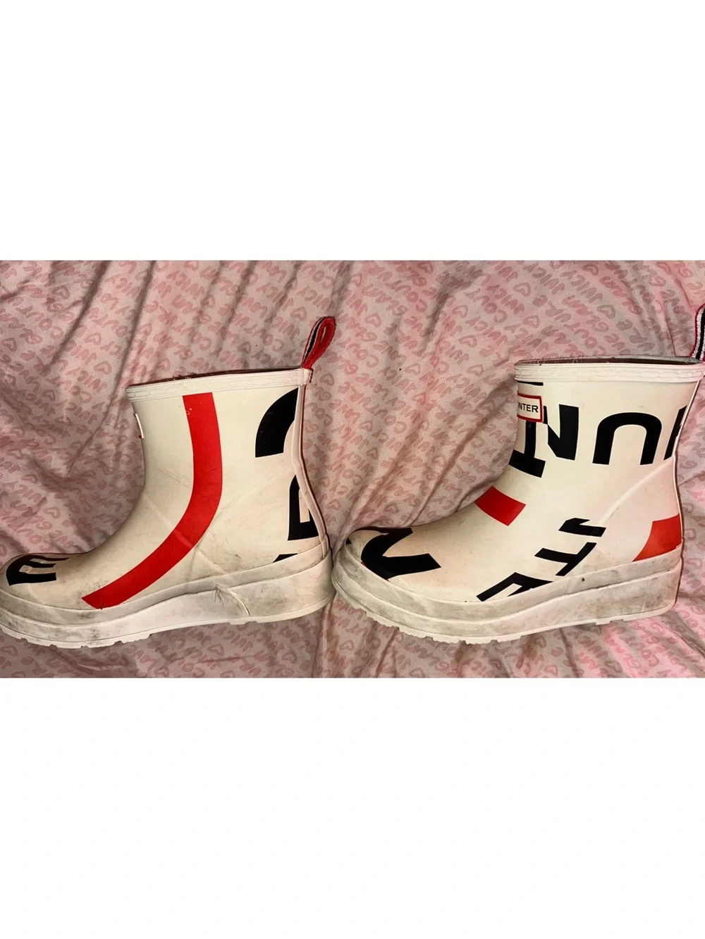 Sz 8.5 Hunter Original Play Exploded Logo Short Rain Boots - White/Red/Black